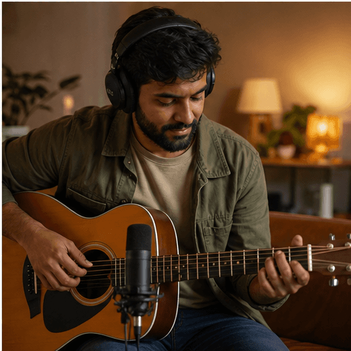 Music creator recording with a guitar