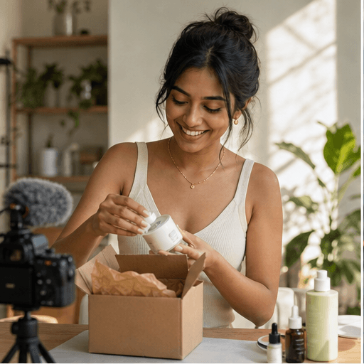 Creator unboxing products beside a camera
